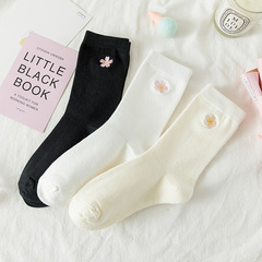 White Socks Women Crew Socks Ins Trendy Japanese Embroidered Flowers Lolita Cute School Style Versatile JK Long Socks