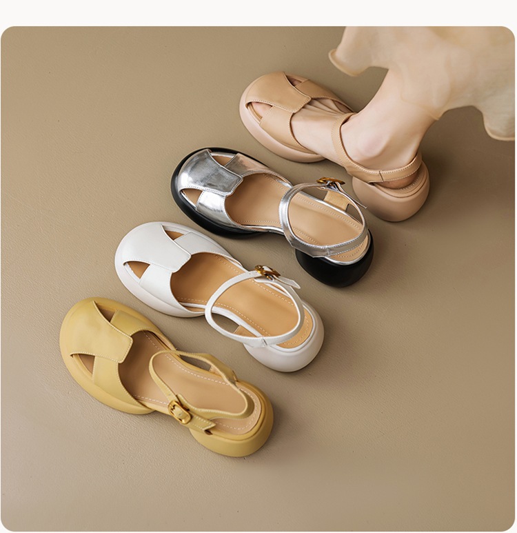 Sandal cao gót nữ bít mũi da cừu gót thô kiểu La Mã đế dày quai ngang — Màu trắng be chi tiết 18