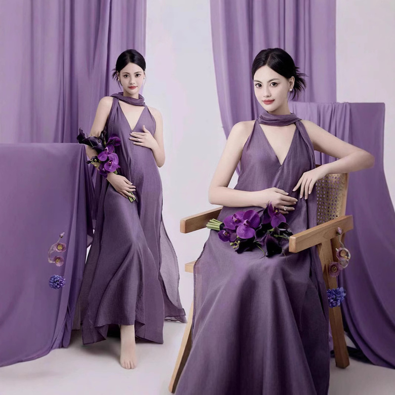 New Simple Style Photo Studio Pregnant Women's Photo Dress Pure Desire Style Purple dress Pregnant Mommy's Belly Photo Dress New Simple Style Photo Studio Pregnant Women's Photo Dress Pure Desire Style Purple dress Pregnant Mommy's Belly Photo Dress