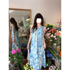 海辺のリゾートスタイルブルーバタフライガーリーレースアップホルターネックドレス女性の夏の小さな妖精ミドル丈スカート