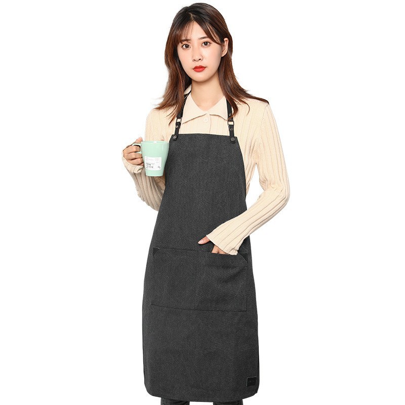 Comercio exterior delantal de lona gruesa peluquería cafetería panadería ropa de trabajo PU cuero correa ajustable delantal al por mayor