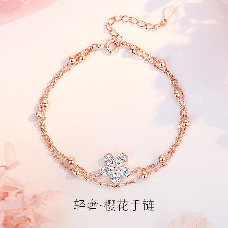 S925 joyería de plata esterlina nicho nuevo regalo exquisito para novia japonesa y coreana pulsera de flor de cerezo fresca y dulce Día de San Valentín