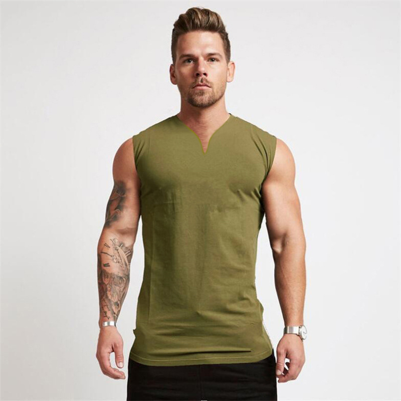 Tablero de luz de comercio exterior color sólido verano pequeño cuello en v chaleco deportivo culturismo de los hombres fitness camiseta sin mangas correr entrenamiento superior algodón