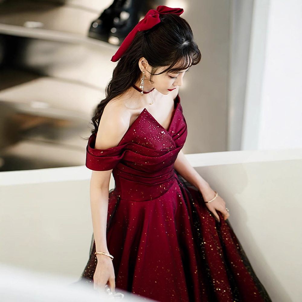 Toast Dress Bride Wine Red Off-shoulder Wedding Evening Dress Long Women's Banquet Engagement Dress