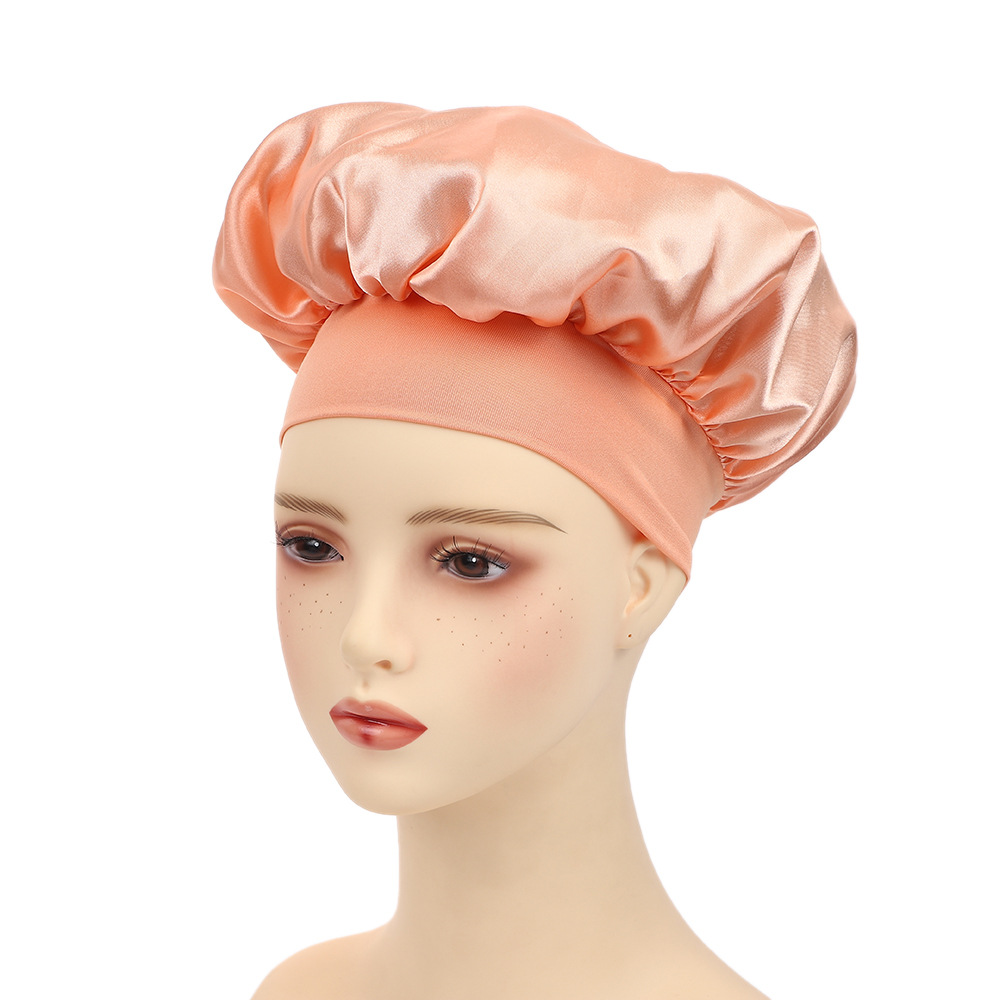 Amazon damas de borde ancho de alto elástico sombrero, sombrero de dormir, sombrero de baño, sombrero de quimioterapia, sombrero de seda, sombrero de cuidado del cabello transfronterizo