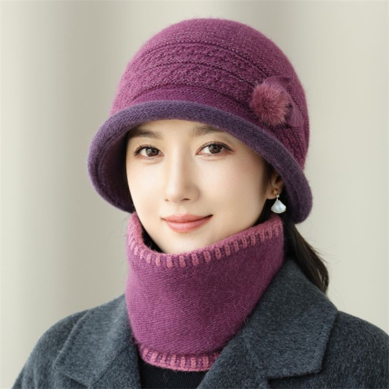跨境中老年加绒保暖兔毛帽子女秋冬妈妈防寒围脖套帽奶奶针织盆帽