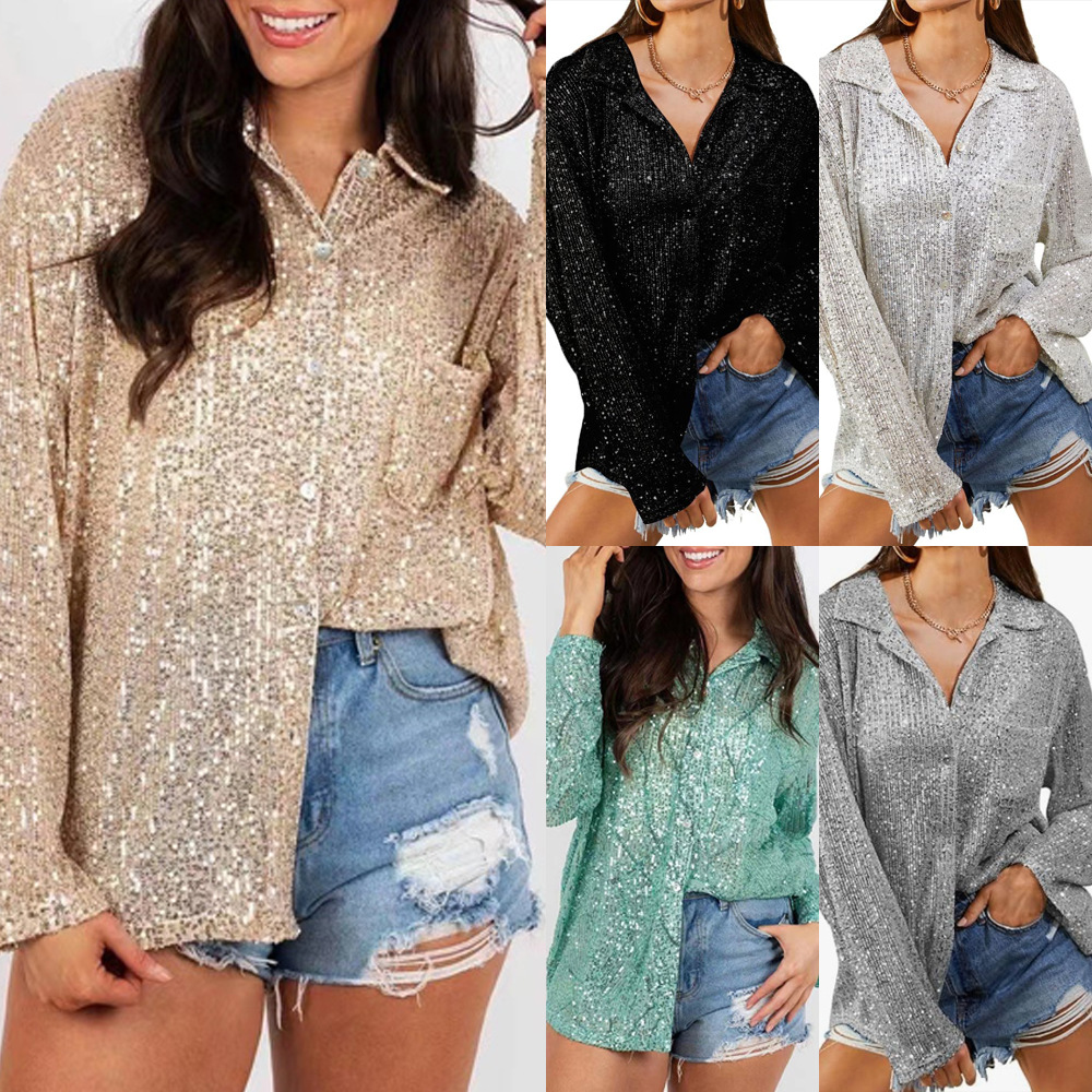 Camisa elegante informal de manga larga con lentejuelas y solapa, nueva moda de Amazon para ropa femenina transfronteriza europea y americana, otoño 2025