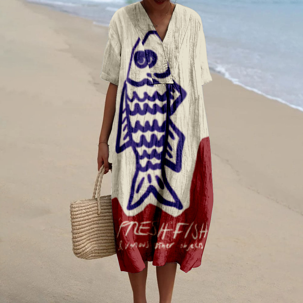 Plus Size Women's Shirt Pocket Short Sleeve Dress Ocean Element Fish Vacation Style Dress_ecoleips.com