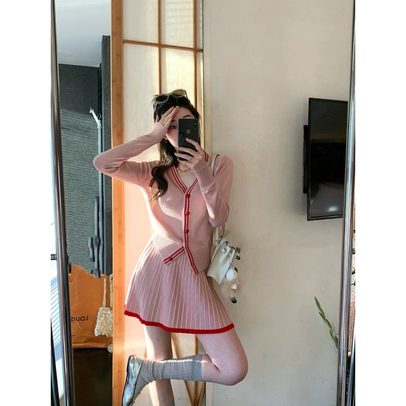 Большой размер женщины весной и осенью маленький ароматный ветер V-образный вязаный кардиган с высокой талией плиссированная юбка-юбка из двух частей