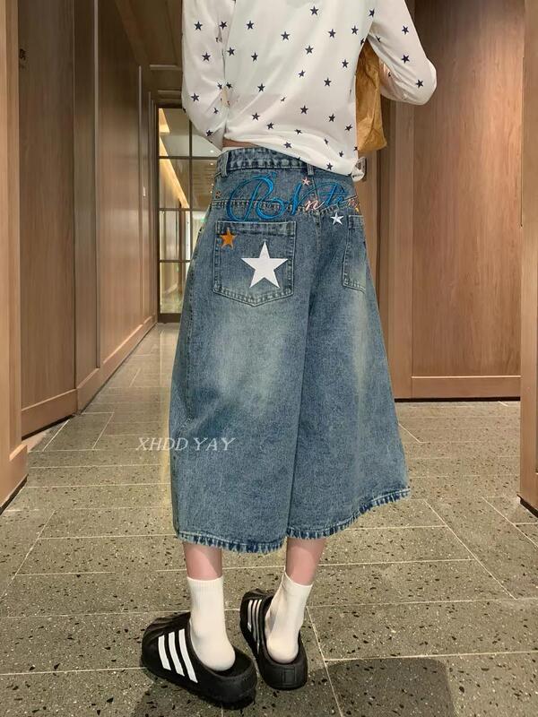 American Retro Star Embroidered Denim Cropped Pants for Men, New Summer Style Street Punk Loose Washed Wide-Leg Shorts American Retro Star Embroidered Denim Cropped Pants for Men, New Summer Style Street Punk Loose Washed Wide-Leg Shorts