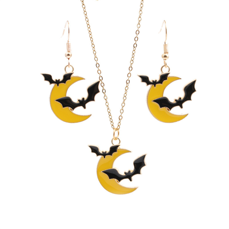 Halloween Alloy Oil Drop Moon Bat Earrings Necklace Set Wholesale Jewelry Nihaojewelry display picture 1