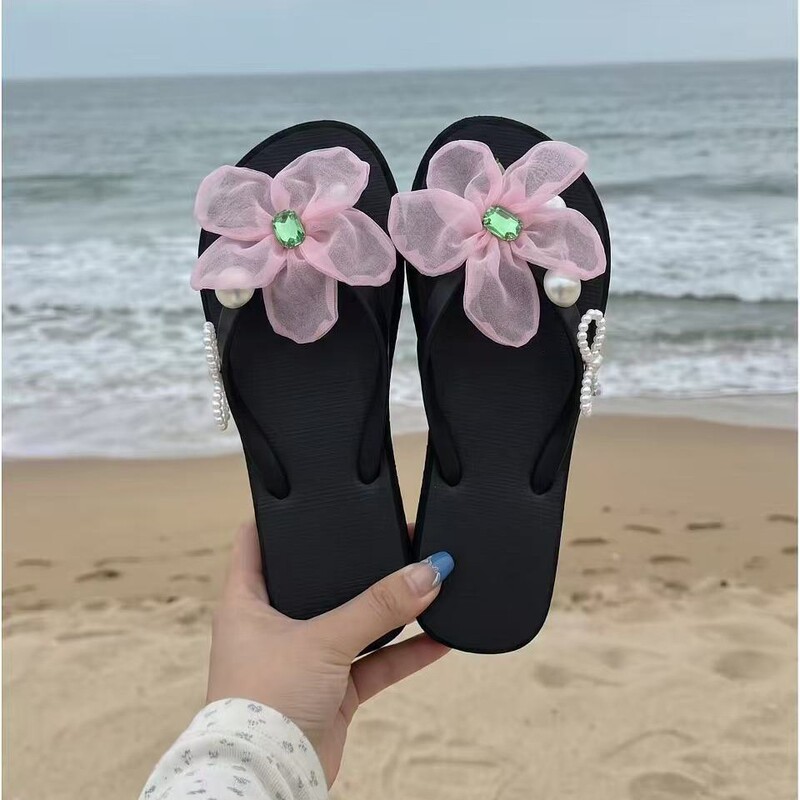 Summer Girl Pink Flower Pearl Flip-Flops Vacation Seaside Thailand Sanya Photo Props Flip-Flops for Women