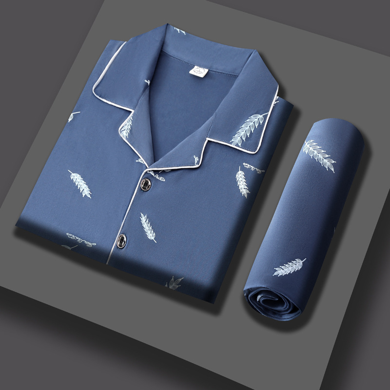 100% pijamas de algodón de manga larga de los hombres sueltos más tamaño aguja pequeño collar inverso joven y de mediana edad de primavera y otoño ropa de casa manga corta tejida