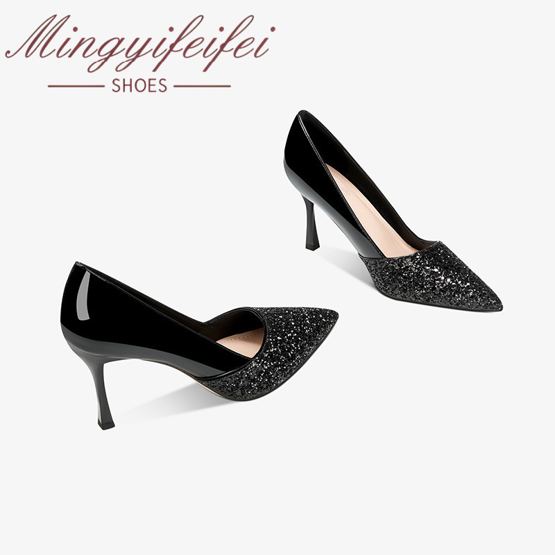 Genuine Leather Chunky Heel Shoes, New Spring Model with Sequin Patchwork, Pointed Toe, Shallow Mouth, Elegant Cheongsam Commuter High Heels