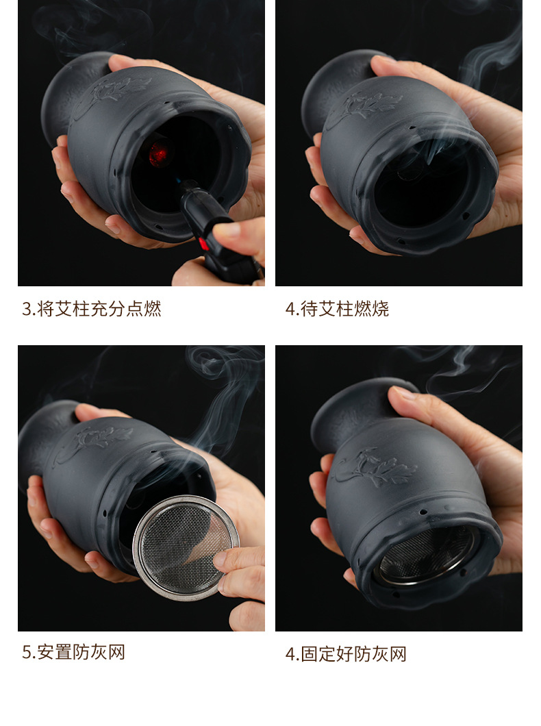 Bian Stone Moxa Fire Dragon Cup Warming Tool Lotus Rim Gua Sha Jar Double Layer Ash Net Cloth Cover with 54 Moxa Sticks and Oil in use