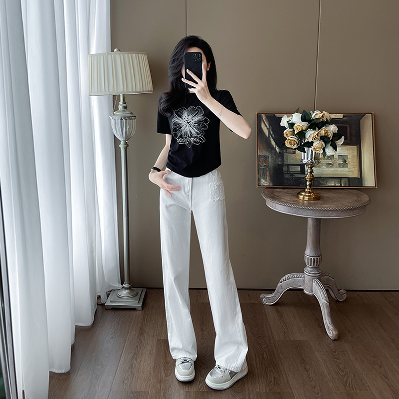 Black Printed T-Shirt Top White Jeans Fashion suit Summer Stylish Age-reducing Elegant High Waist Casual Pants Black Printed T-Shirt Top White Jeans Fashion suit Summer Stylish Age-reducing Elegant High Waist Casual Pants