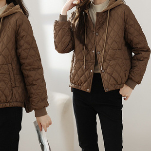 Wash-free Anti-fouling Cotton-padded Coat Women's Autumn and Winter Hooded Rhombic Cotton-padded Coat Short Lightweight Small Cotton-padded Coat
