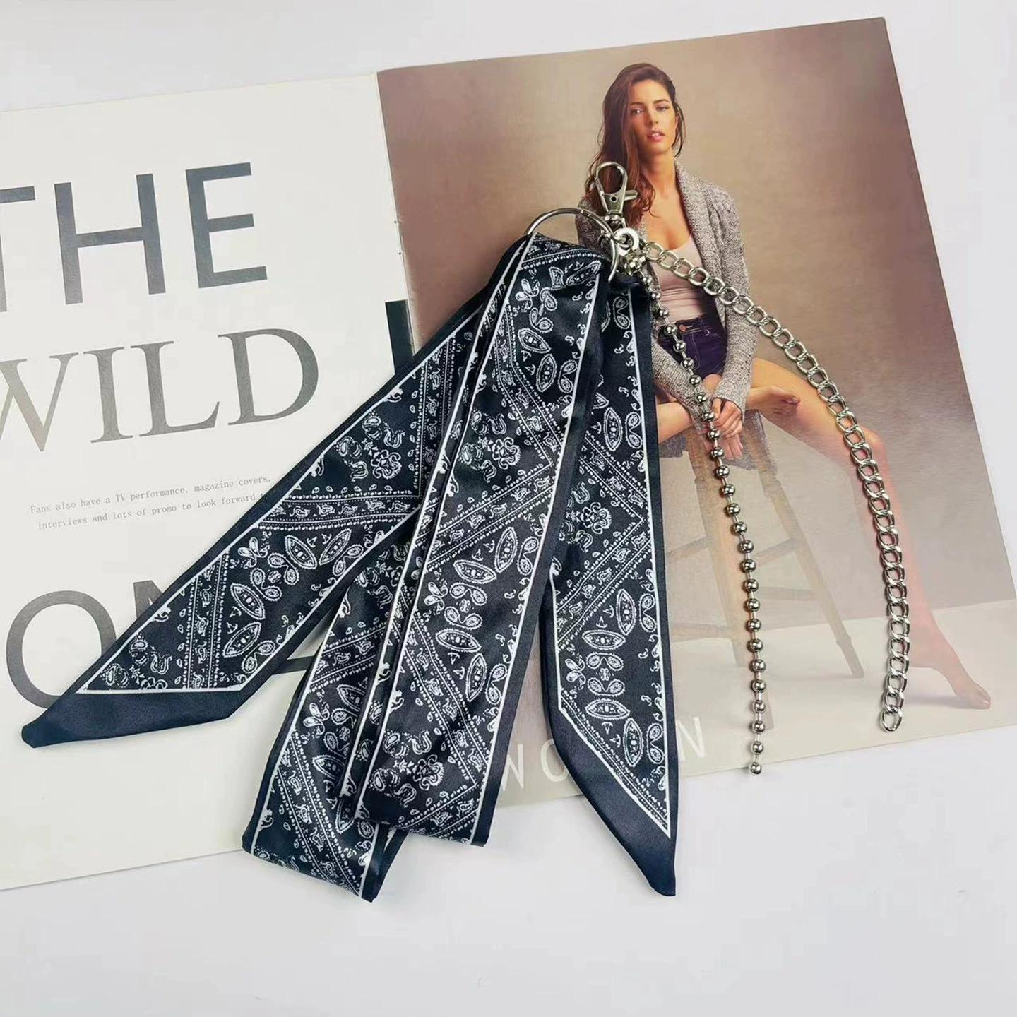 Trouser Chain and Scarf Accessory Set, Silver Pants Chain with Silk Bandana