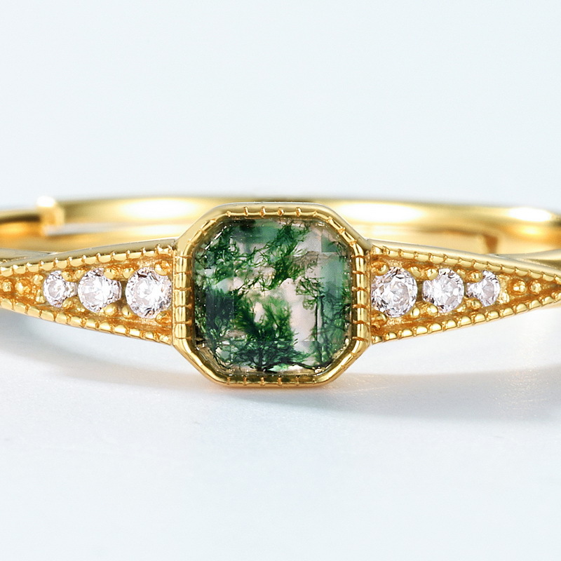 Nuevo producto transfronterizo de Amazon Anillo de ágata de hierba de agua natural de moda de lujo ligero S925 Anillo de piedra de musgo verde chapado en oro plateado
