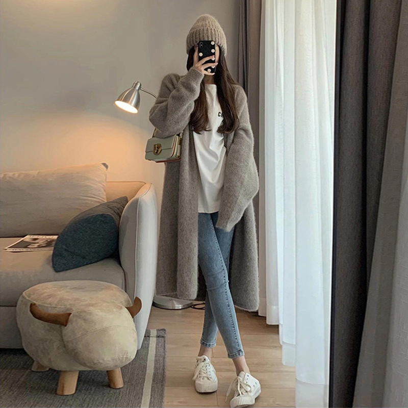 十三行奶呼呼杏色毛衣外套女秋冬宽松慵懒风小个子中长款针织开衫 pic 27