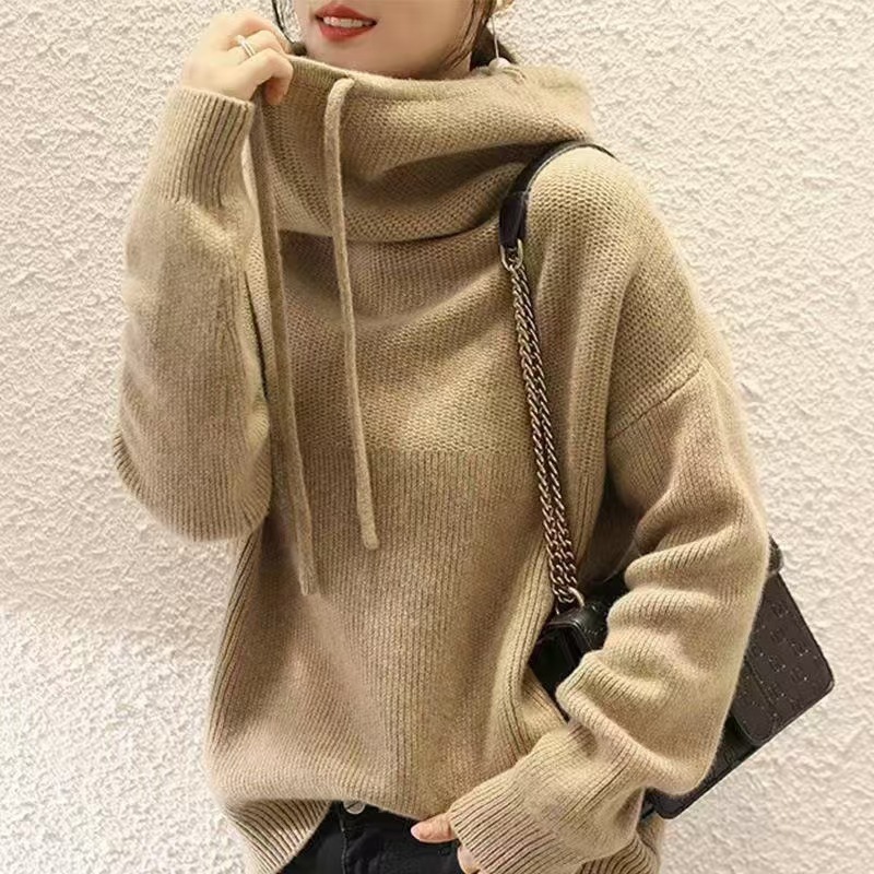 欧米のクロスボーダーの積み重ねの襟の怠惰な風のセーターの女性2025冬の新型の純色のゆったりした厚いニットの上着のファッション|undefined