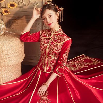 Satin Xiuhe suit 2022 new pattern bride marry Chinese style Wedding dress Toast clothing Shawl Dragon and gown Wedding dress Autumn