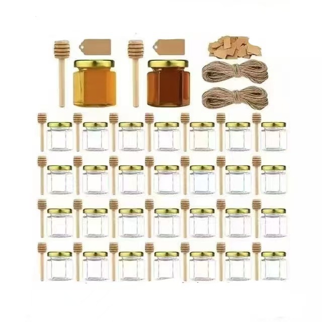 跨境六棱圆形空瓶喜蜜蜂蜜果酱瓶小瓶子玻璃瓶带盖透明包 装密封