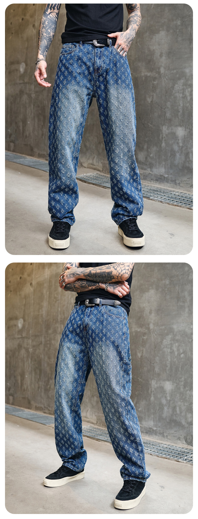Herren Jeans Mit Jacquard Muster Weit Gerade Und Lässig Verwaschen_voghion.com