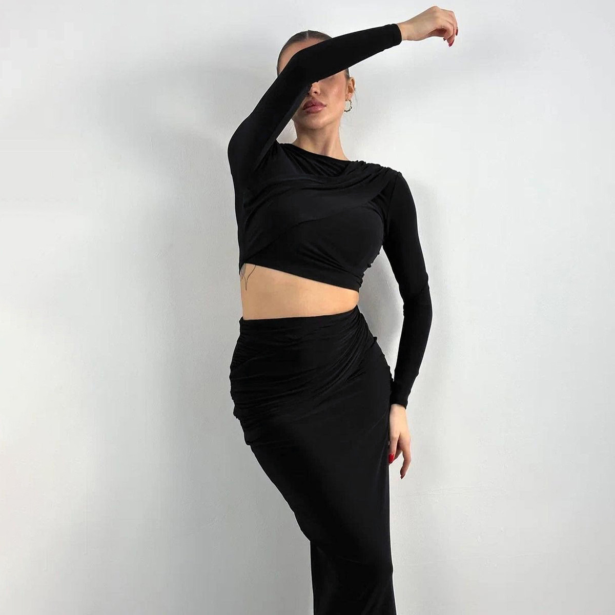 European American Style Women's Clothing 2024 Autumn And Winter New Foreign Trade Round-neck Long-sleeve Crop Top_ecoleips.com