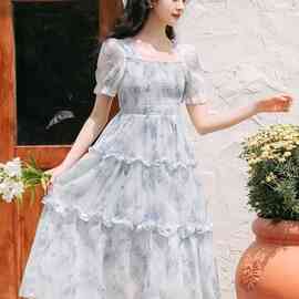 2026法式森系泡泡袖连衣裙女夏季大码胖mm温柔风显瘦雪纺公主裙子