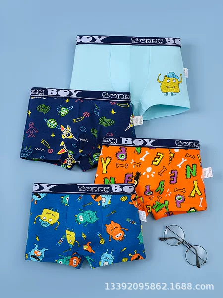 Cotton Children's Boxer Briefs for Boys with Cartoon Print, Class a Pure Cotton Baby Underwear for Young Children and Students