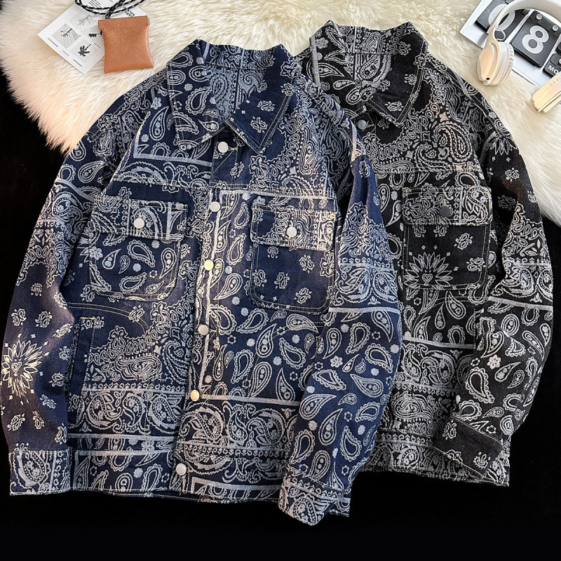 Retro Hong Kong Style Men's Denim Jacket Full Print Cashew Flower Trendy Brand Casual Jacquard Jacket For Spring And Autumn High End Cool_viptrois.com