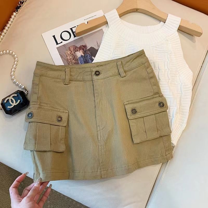 美式复古工装短裙女a字高腰小个子辣妹紧身包臀牛仔裙显瘦半身裙