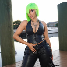 1435 Black Faux Leather 2-Piece Set: Halter Top & High Waist