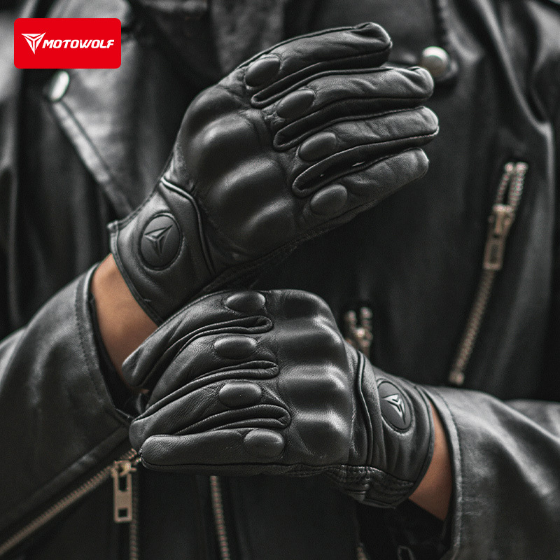 Guantes de cuero a prueba de viento de la motocicleta vintage Knight con agujeros de verano transpirable cuero guantes llenos del dedo guantes de cuero resistentes a las caídas