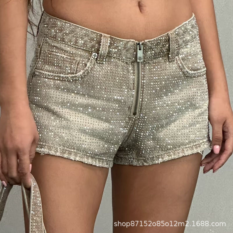 Sk Wilderness Diamond Low Waist Denim Shorts (Handmade) Heavy Color Diamond Straight-Leg Hot Pants New Style Sk Wilderness Diamond Low Waist Denim Shorts (Handmade) Heavy Color Diamond Straight-Leg Hot Pants New Style
