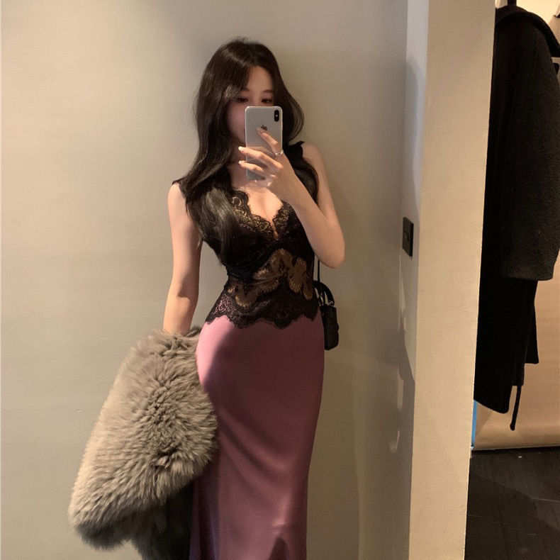 Pure Desire Spliced ​​Lace Vest Dress Women's Winter Waist Satin Hip Skirt Royal Sister Inner Mid-Length Skirt