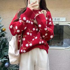 韩版秋冬宽松慵懒风加厚甜美小果果圣诞针织衫毛衣