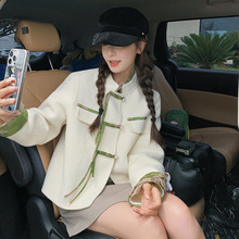 国风绿流苏盘扣立领绣花边双面羊毛大衣小个子羊毛呢外套新款2025