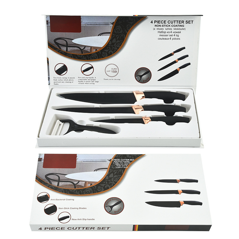 Comercio exterior en stock fábrica chapado en oro rosa cabeza grasa muñeca manejar conjunto de cuatro piezas hogar cocina cuchillo de corte vegetal caja de color