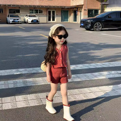 女童夏季小甜妹橘紅有機棉單排扣無袖針織上衣短褲兩件套套裝