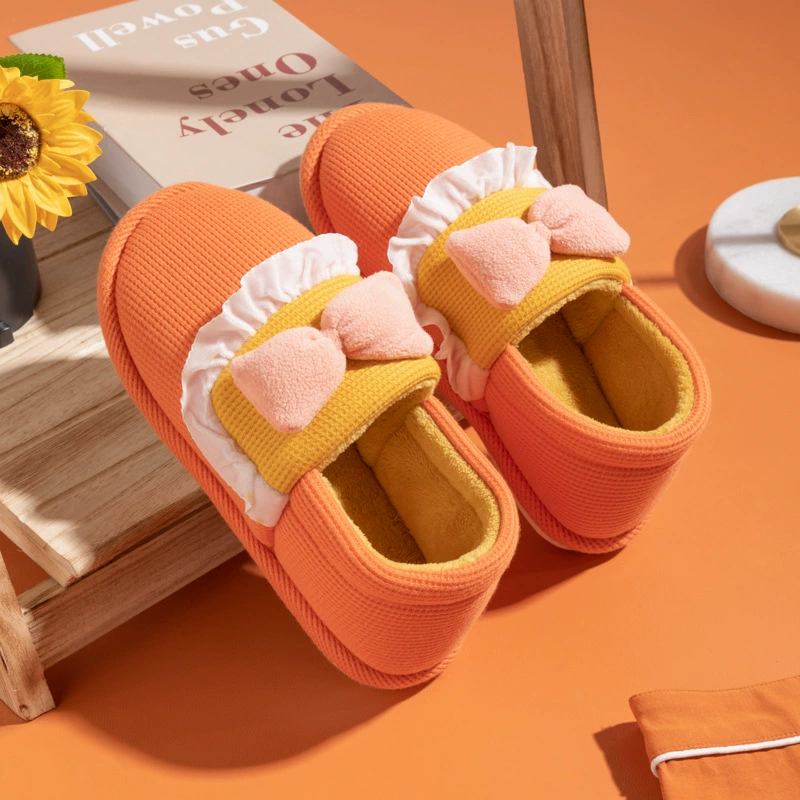 Новые теплые замшевые мягкие Нескользящие простые домашние тапочки для родителей и детей с бантом, хлопчатобумажная обувь, детская обувь оптом