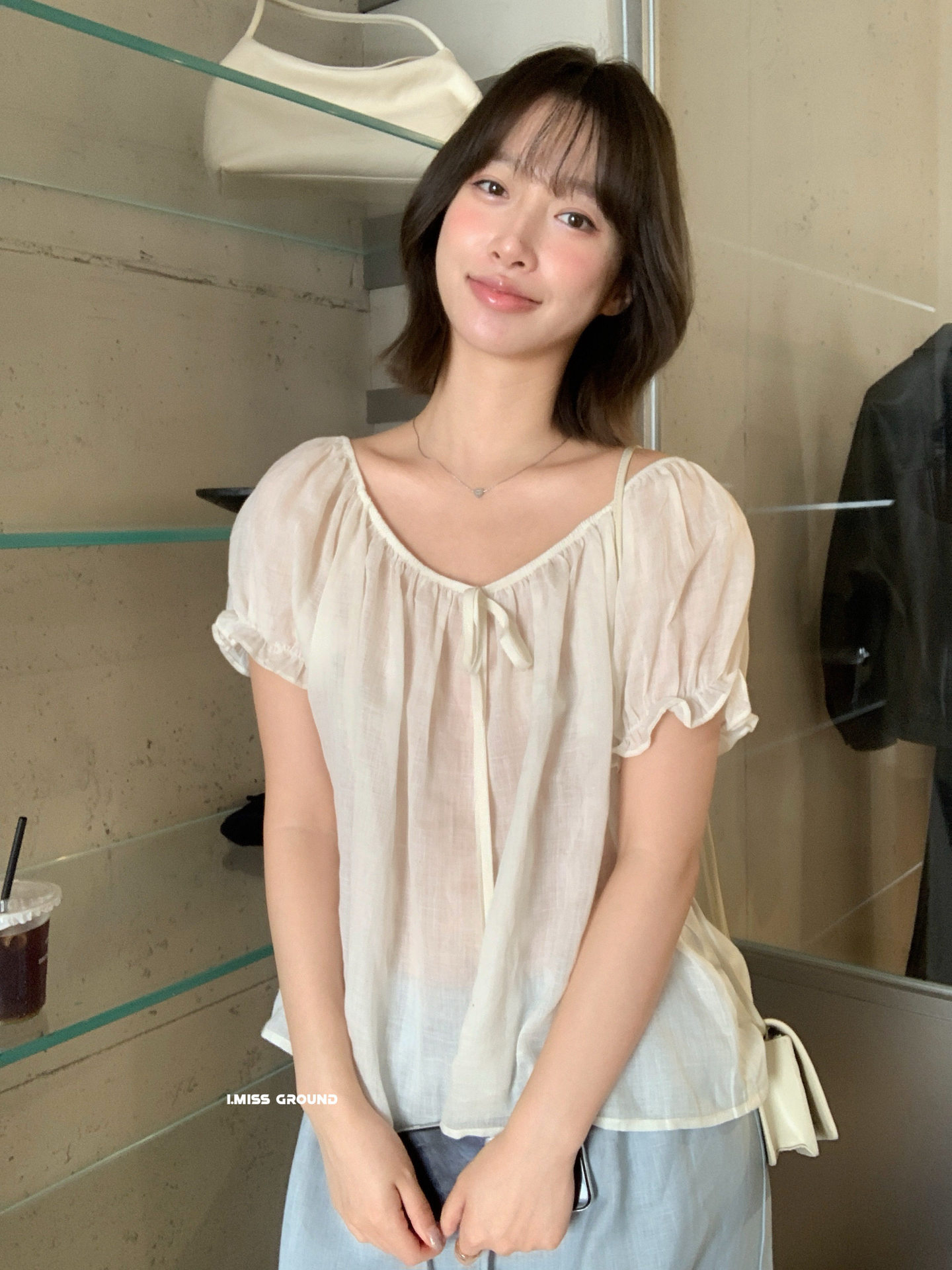 Áo sơ mi nữ tay bồng dây rút chất liệu ramie phong cách Pháp — xanh đậm, màu hồng, Xanh nước, ngọc trai trắng chi tiết 25