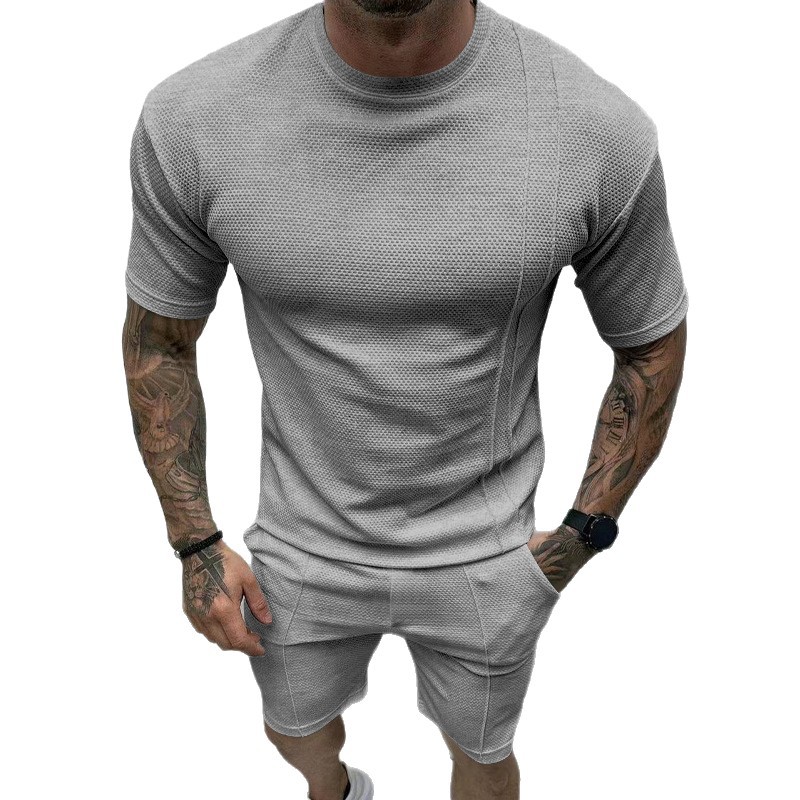 Nuevo Europa y los Estados Unidos transfronterizos ventas calientes para hombres de verano de color sólido pantalones cortos casuales de manga corta conjunto deportivo de verano conjunto de dos piezas