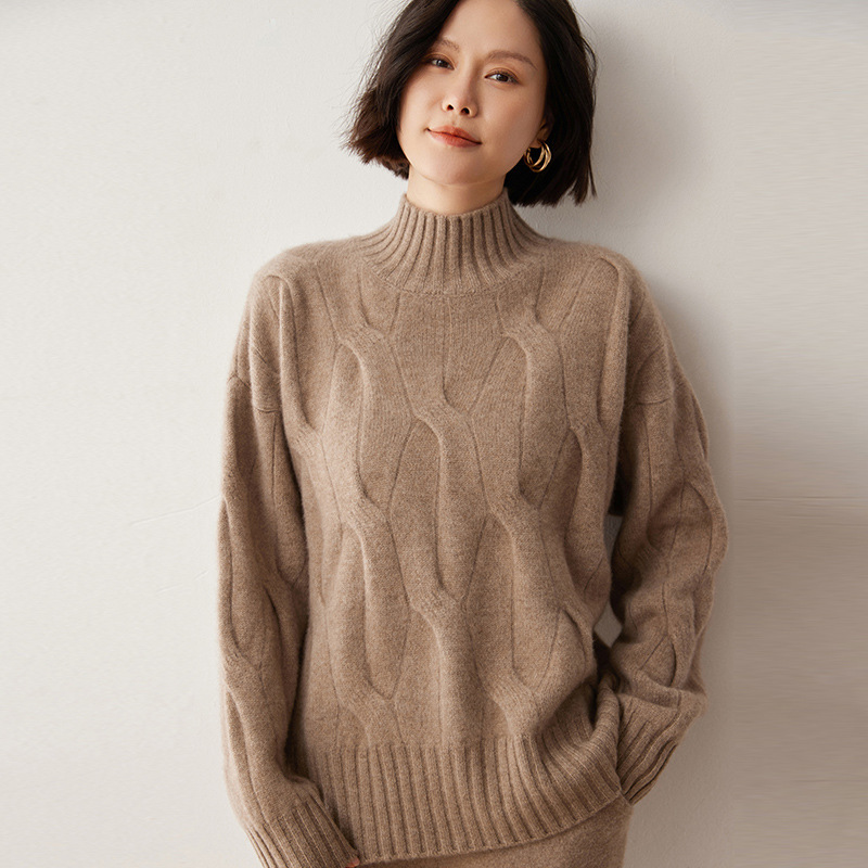 2024 autumn and winter new women's half high collar cashmere plus size sweater loose thick twisted wool knitted base shirt 2024 autumn and winter new women's half high collar cashmere plus size sweater loose thick twisted wool knitted base shirt