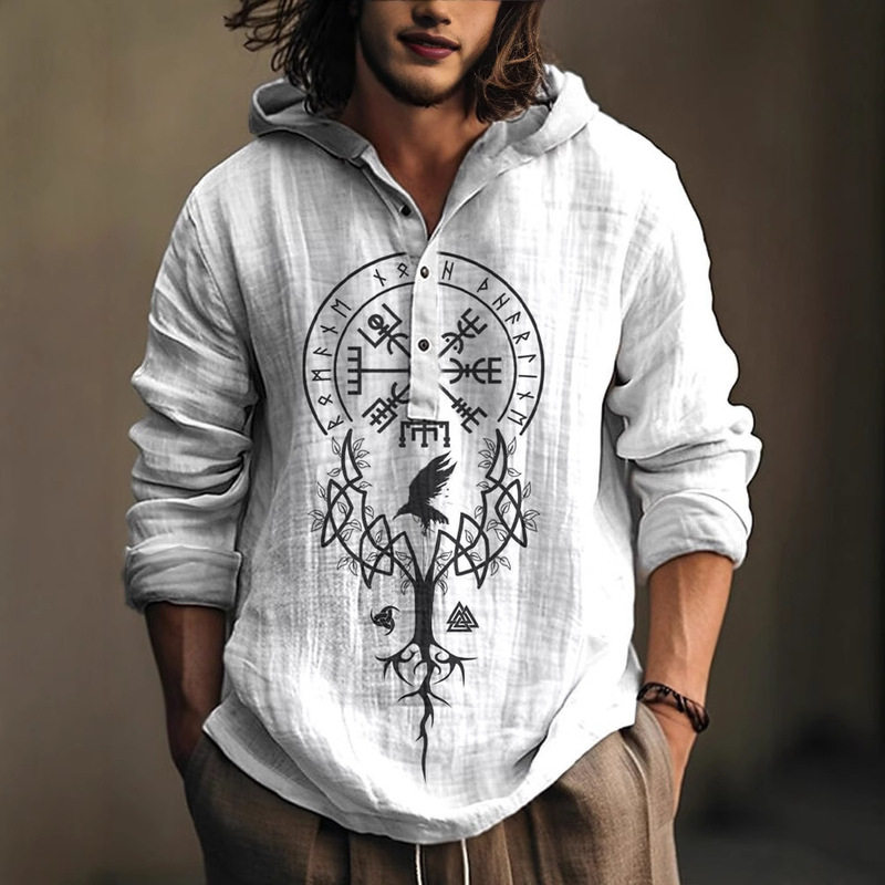 Cross-border AliExpress Japanese-style Retro Comfortable Slub Men's Hooded Long-sleeved Shirt Half-placket 3D Printed Top