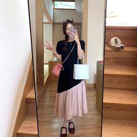 不规则撞色拼接短袖连衣裙女设计感宽松显瘦圆领T恤长裙新款扎染