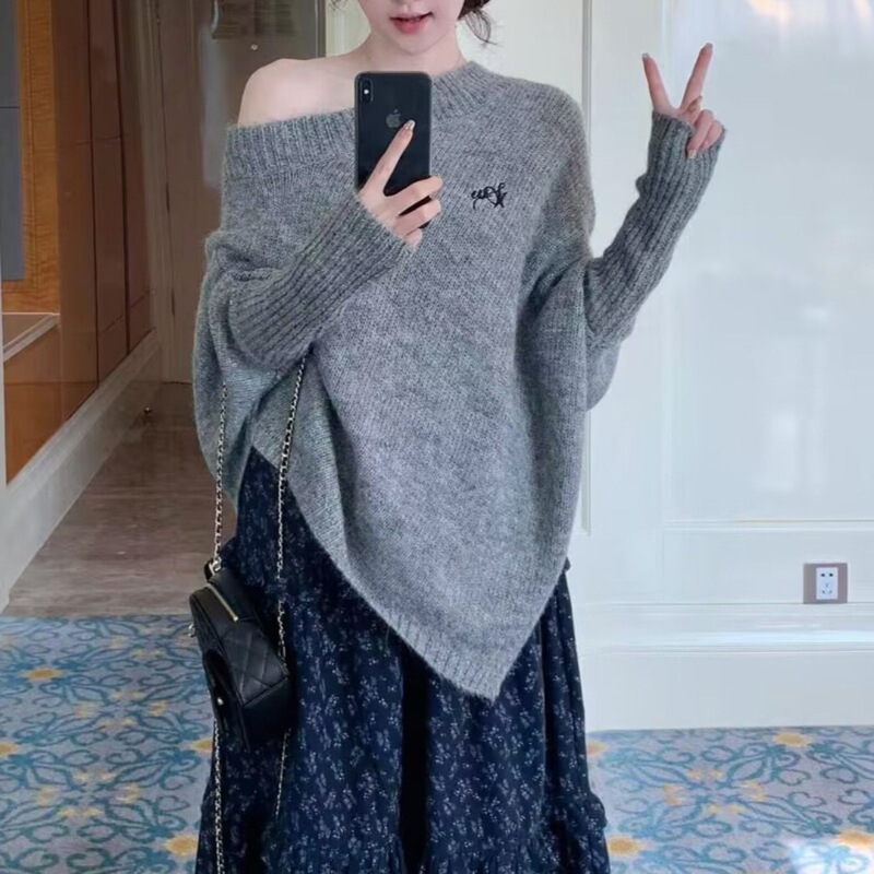 Spring and Autumn New Korean Style Irregular Loose Lazy Style Pullover Off-Shoulder Sweater for Women, Stylish Knitwear