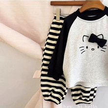 韩国童装女童秋季套装2024新款儿童拼色卡通kt猫卫衣宝宝条纹卫裤