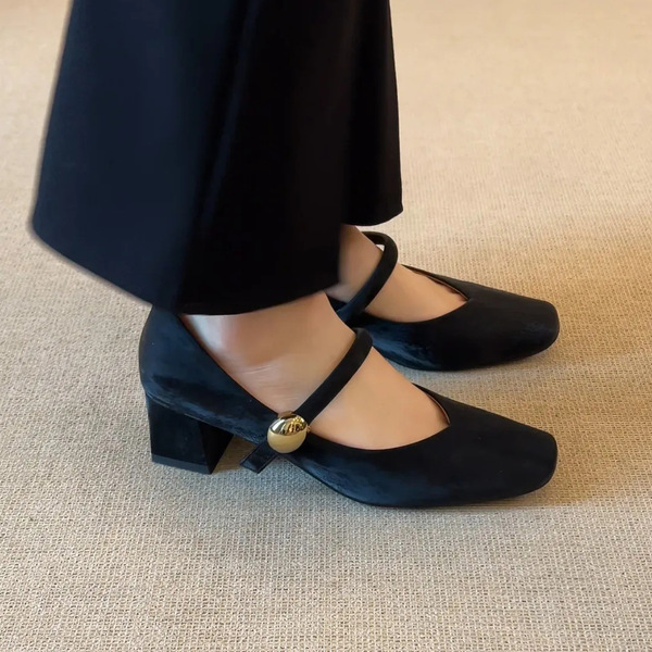 Elegant leather blue Mary Jane shoes square toe low-cut with a strap